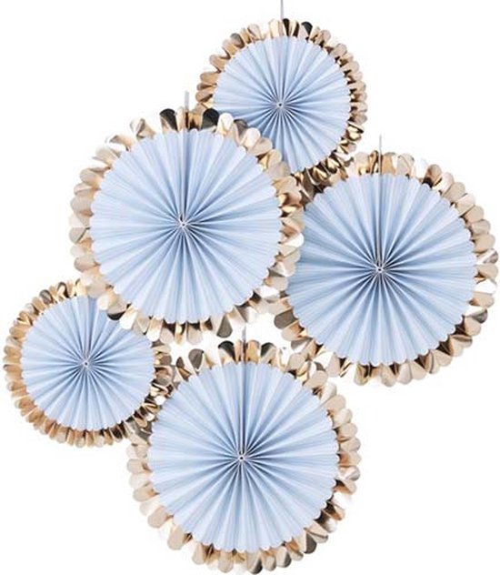 Baby in Blue waaiers pastel blauw & goud - 5 stuks